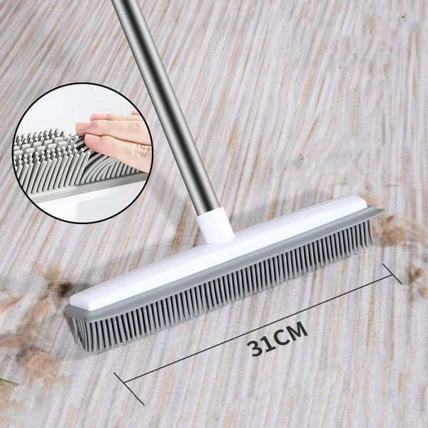 Rubber Broom- Full Broom Long Handle for Pet Hair Fur Remover Fluff Carpet Hardwood Floor No Scratch